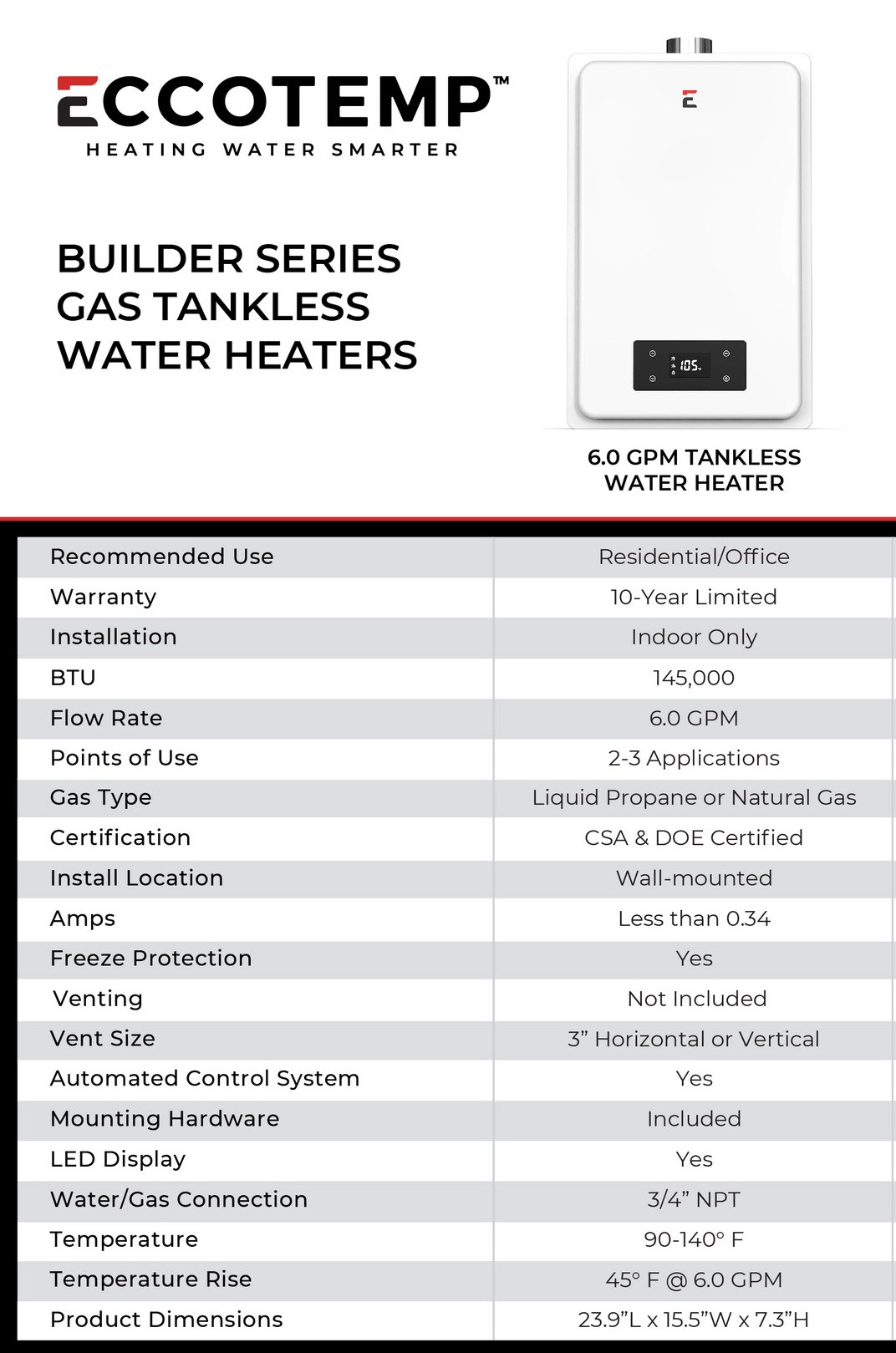 Eccotemp Builder Series 6 GPM Indoor Liquid Propane Tankless Water Heater (6GB-ILP) SPECS