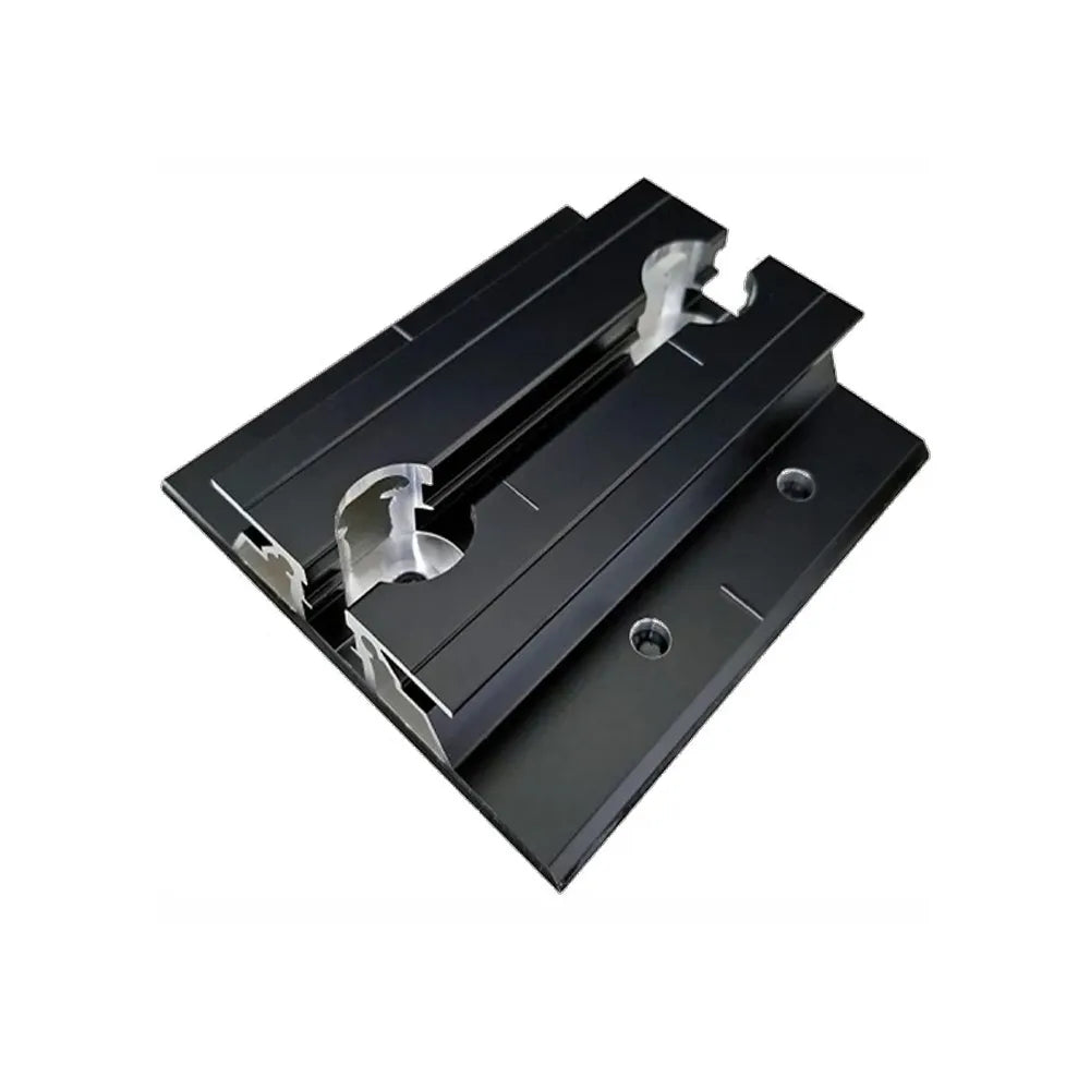 Black metal bracket with silver fasteners on a white background