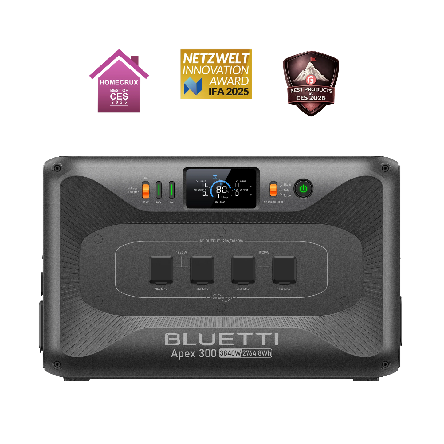 Bluetti power station with multiple awards on a white background