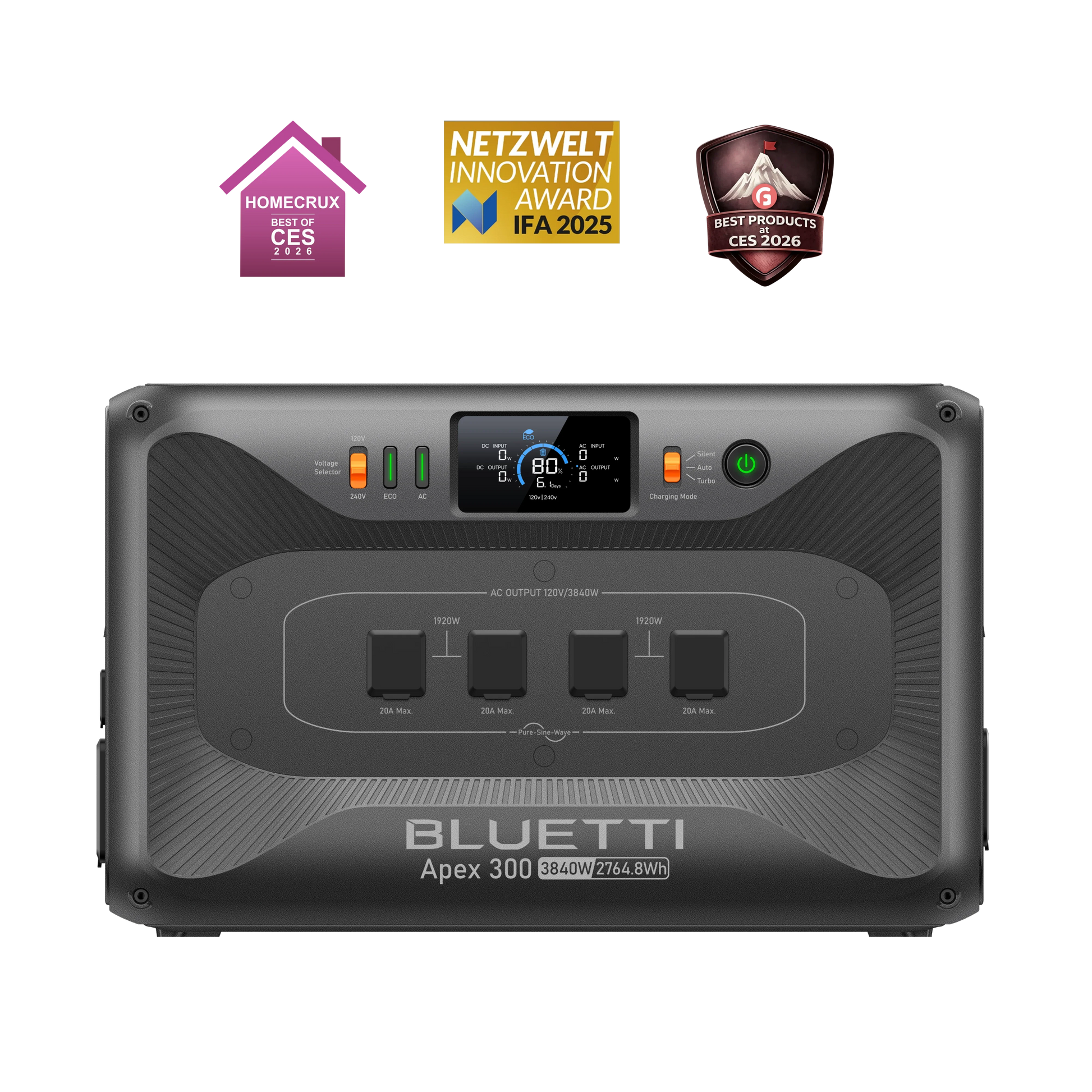 Bluetti power station with multiple awards on a white background