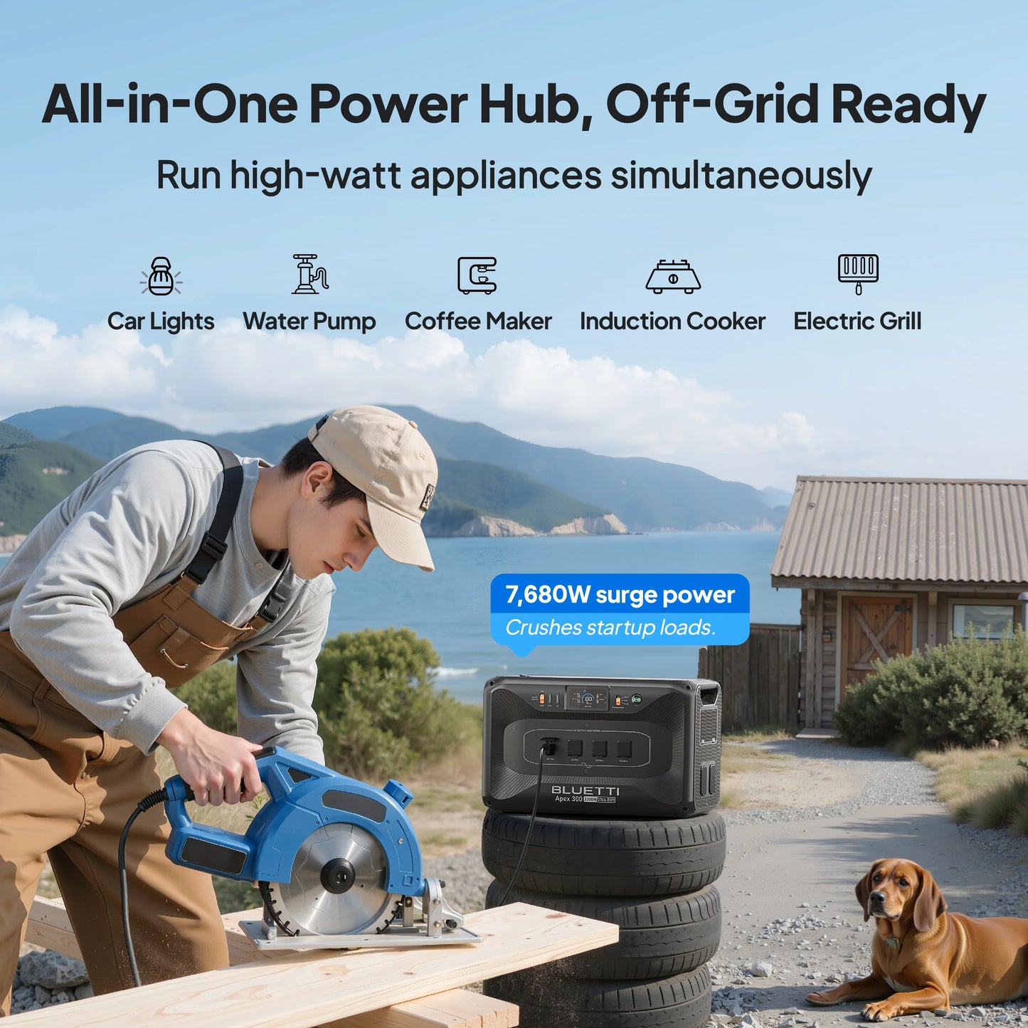 Person using a power tool with an All-in-One Power Hub in a scenic outdoor setting.