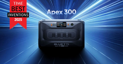 Bluetti Apex 300 power station with 'Time Best Inventions 2025' label on a blue background