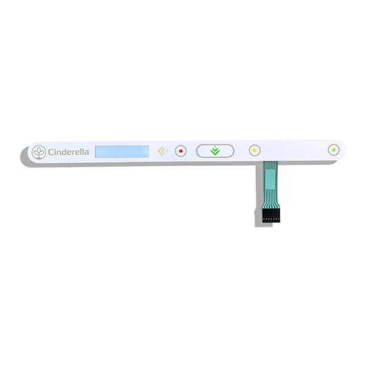 A white rectangular electronic control panel labeled 'Cinderella' with a small blue display, several small buttons, and a green ribbon cable connector extending downward, shown on a plain white background.