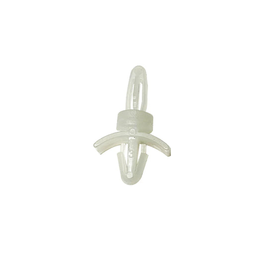 A small translucent white plastic clip or fastener component on a solid white background.