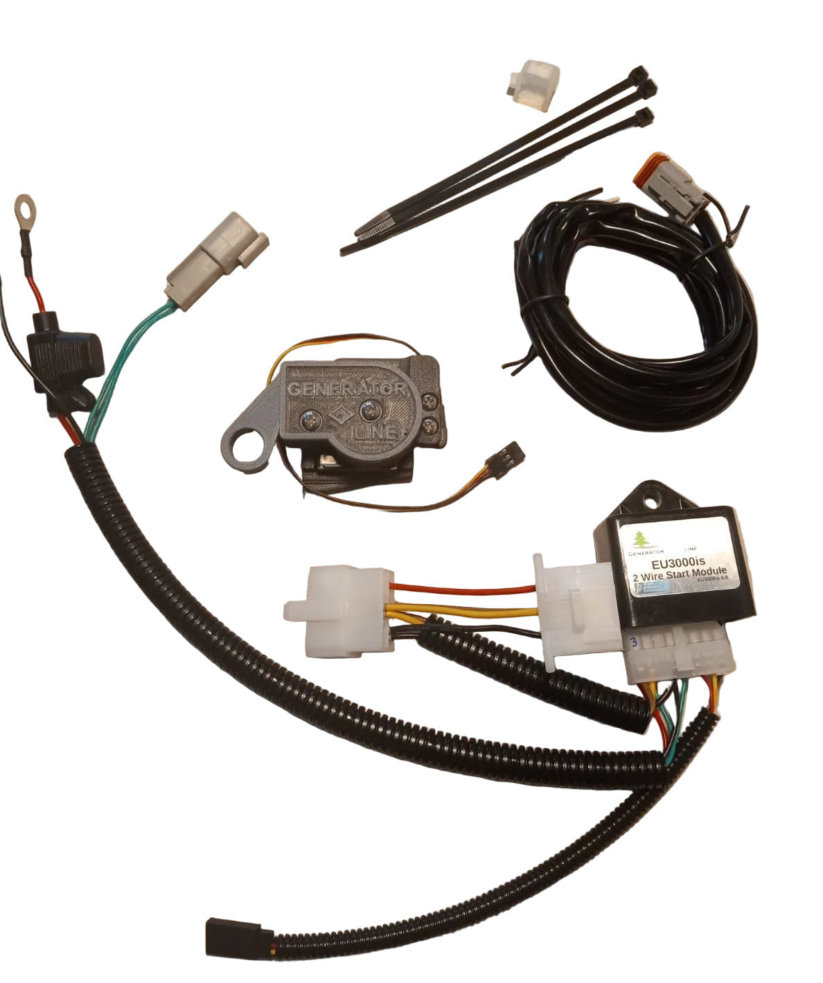 Generator start system wiring kit laid out on a beige surface, including a black corrugated wire harness, black zip ties, a metal solenoid, a black control module with a small white label, white and gray connectors, and a white paper insert card labeled Generator Line.