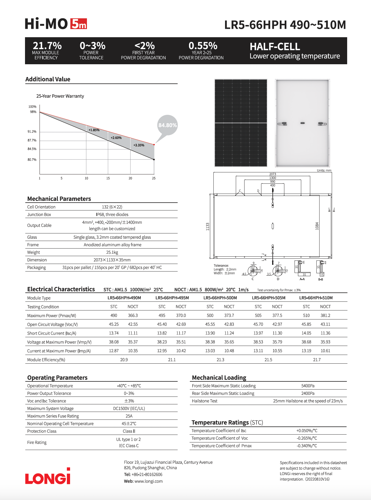 Longi 66 cell 500W Mono 35mm Silver Solar Panel