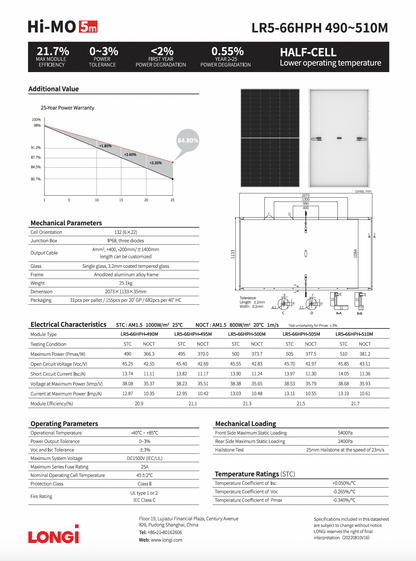 Longi 66 cell 500W Mono 35mm Silver Solar Panel