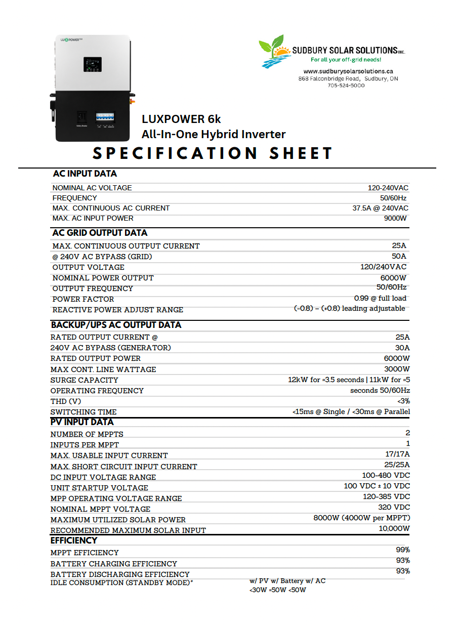 LuxPower 6k All-In-One Hybrid Inverter (*Free Shipping excludes remote locations)