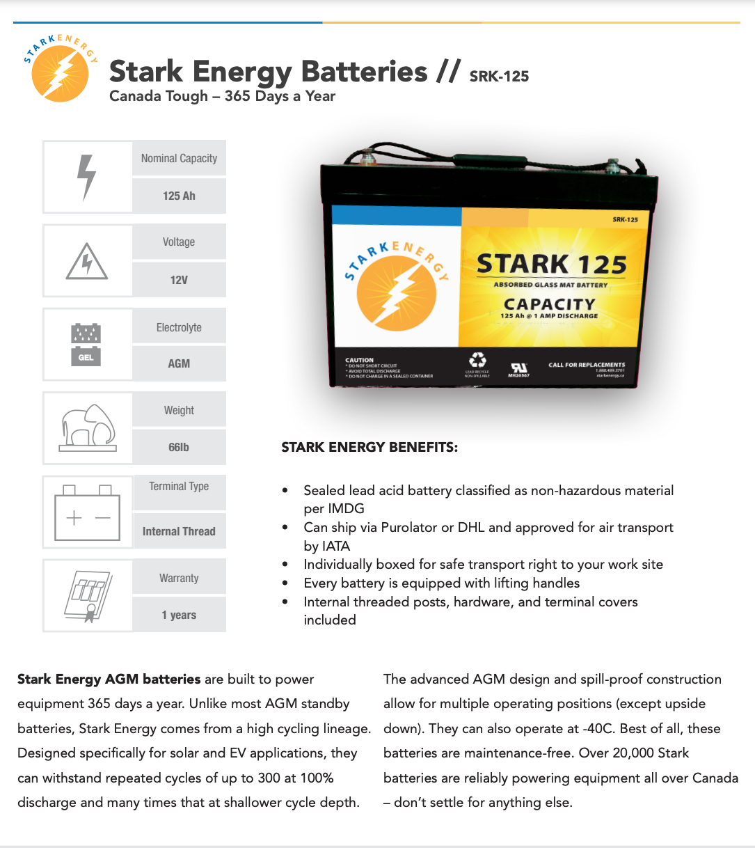 STARK AGM Battery 125Ahr 12vdc