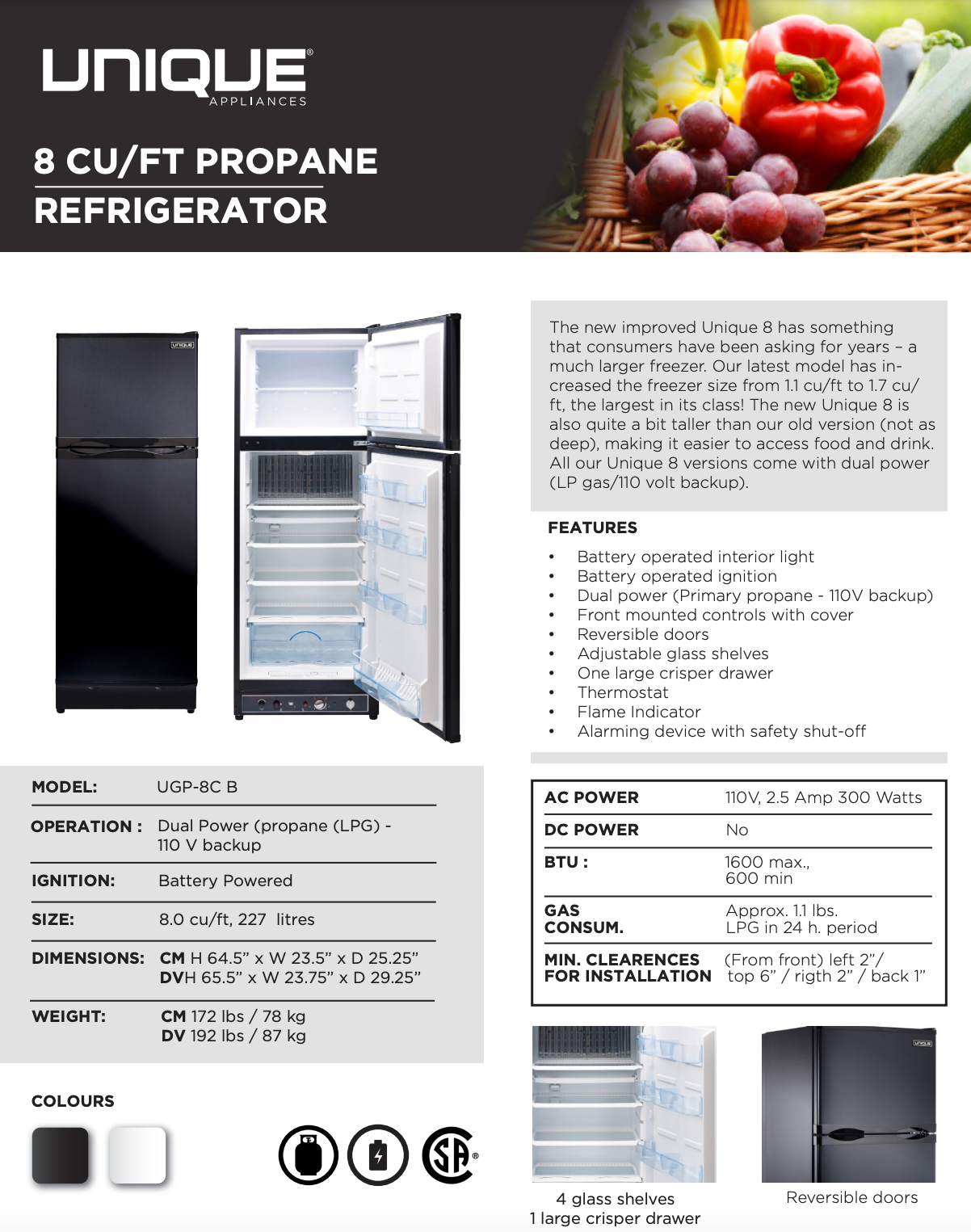 Unique 8 Cu/Ft Propane Refrigerator W/CO Alarm & Safety Shutoff