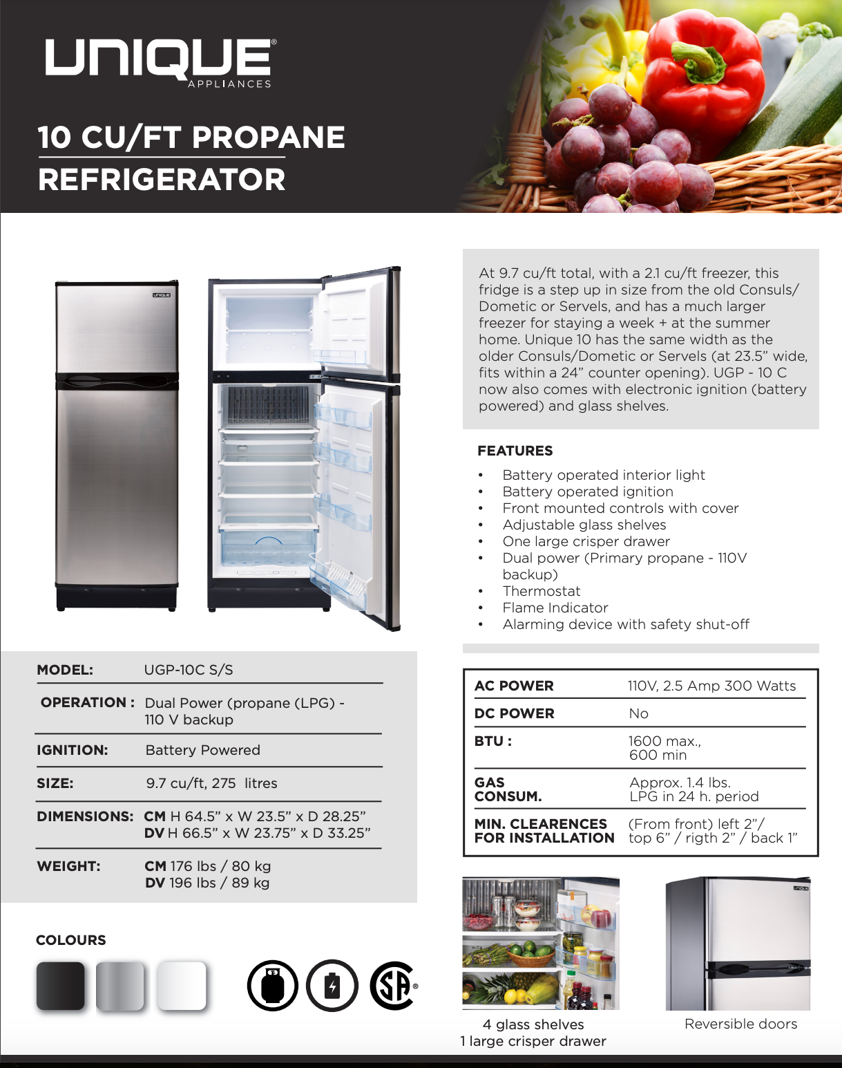 Unique 10 Cu/Ft Propane Refrigerator W/CO Alarm & Safety Shutoff