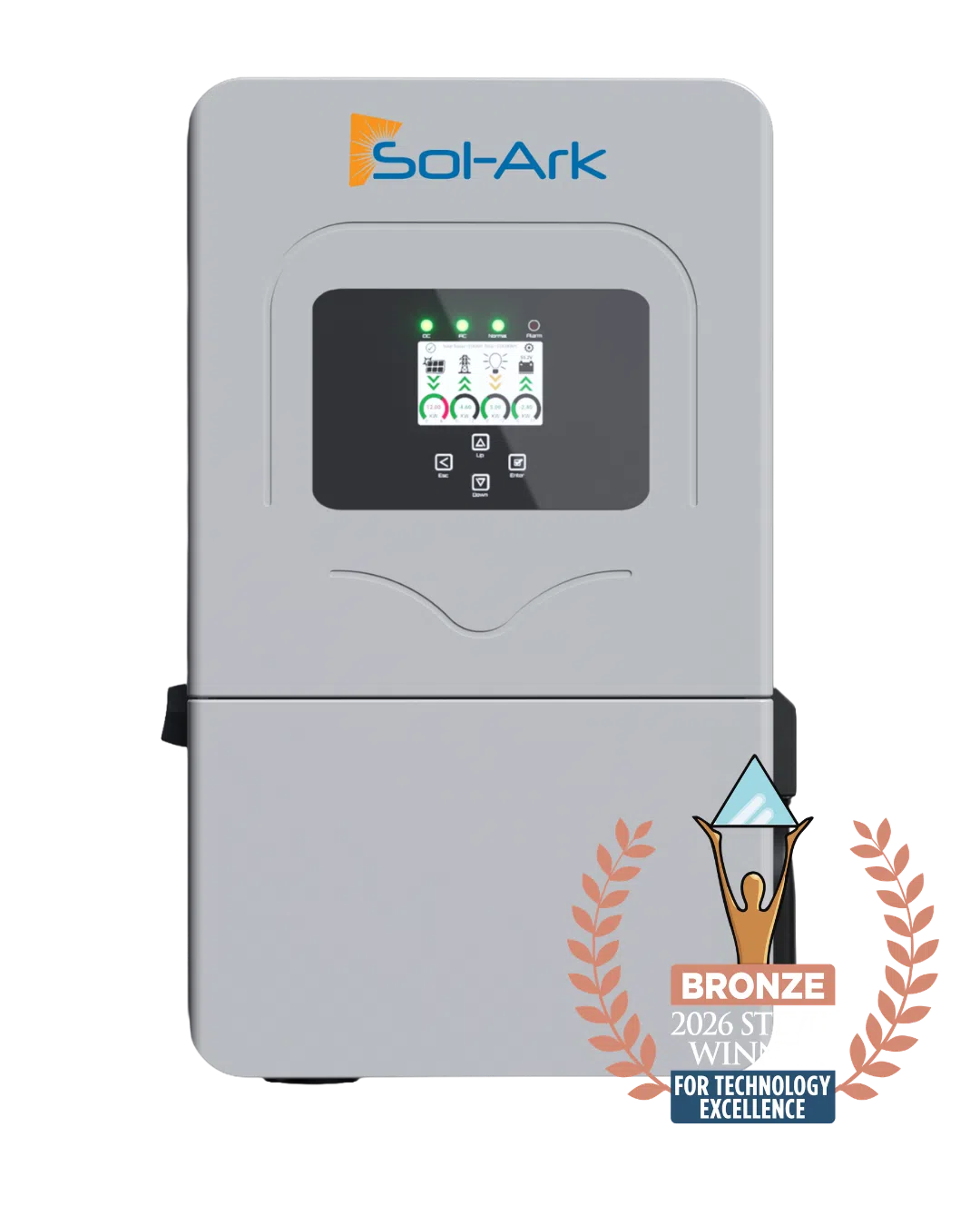 A SolArk electronic device in a light gray housing with a front display screen and control buttons, shown on a white background with a bronze 2026 ST Win technology excellence award badge in the lower right corner.