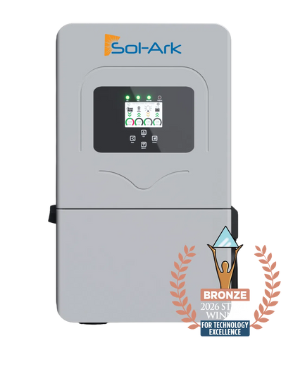 A SolArk electronic device in a light gray housing with a front display screen and control buttons, shown on a white background with a bronze 2026 ST Win technology excellence award badge in the lower right corner.