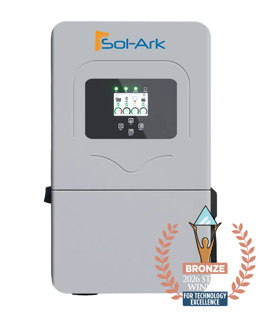 A SolArk electronic device in a light gray housing with a front display screen and control buttons, shown on a white background with a bronze 2026 ST Win technology excellence award badge in the lower right corner.