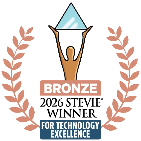 A stylized award badge reading 'BRONZE 2026 STEVIE WINNER FOR TECHNOLOGY EXCELLENCE,' with a bronze trophy figure holding a blue triangle and a peach laurel wreath on a white background.