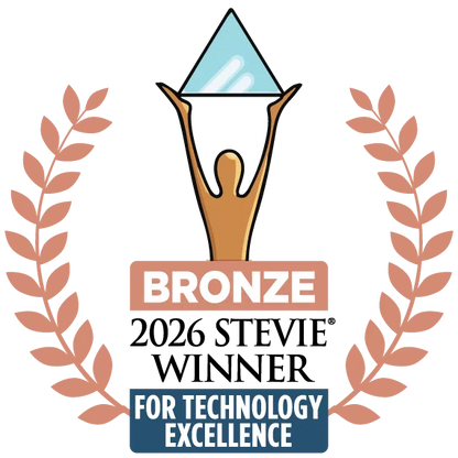 A stylized award badge reading 'BRONZE 2026 STEVIE WINNER FOR TECHNOLOGY EXCELLENCE,' with a bronze trophy figure holding a blue triangle and a peach laurel wreath on a white background.