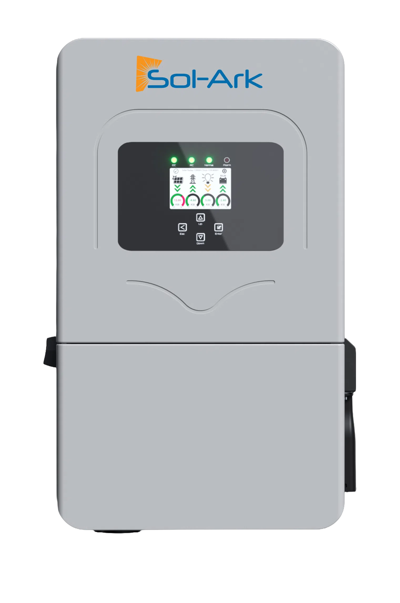 A Sol-Ark solar power inverter unit with a gray casing, a central digital display screen, and the Sol-Ark logo printed in blue and orange at the top.