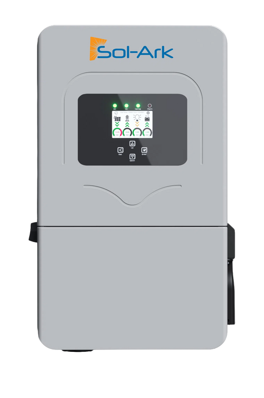 A Sol-Ark solar power inverter unit with a gray casing, a central digital display screen, and the Sol-Ark logo printed in blue and orange at the top.