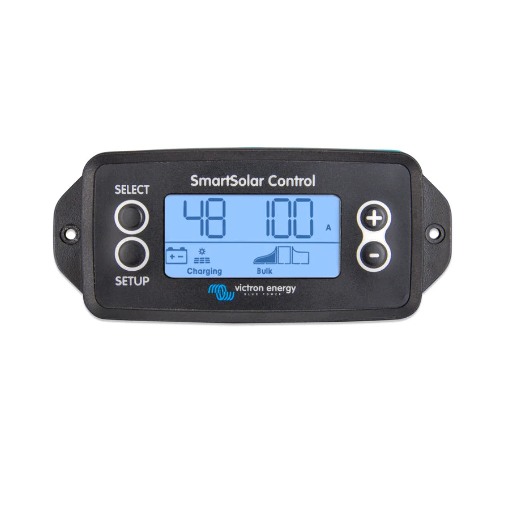 A Victor Energy SmartSolar Control panel with a black plastic housing, a blue backlit LCD screen displaying battery status, and four control buttons on a white background.