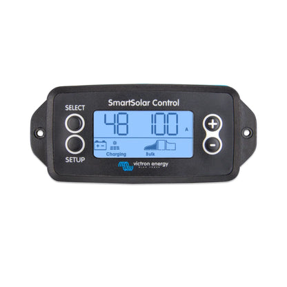 A Victor Energy SmartSolar Control panel with a black plastic housing, a blue backlit LCD screen displaying battery status, and four control buttons on a white background.