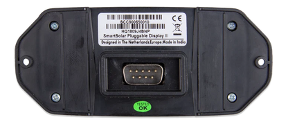 A black plastic SmartSolar Pluggable Display II module with a white label, a central DB25 connector port, and a green 'TESTED OK' sticker at the bottom.