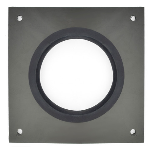 A square black mounting plate with a large circular cutout and four pre-drilled screw holes, shown on a white background. Two small inset thumbnails at the bottom show alternate views of the circular opening.