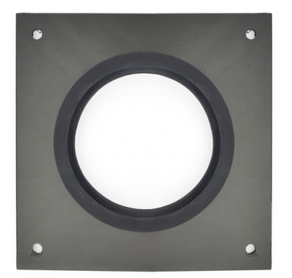 A square black mounting plate with a large circular cutout and four pre-drilled screw holes, shown on a white background. Two small inset thumbnails at the bottom show alternate views of the circular opening.