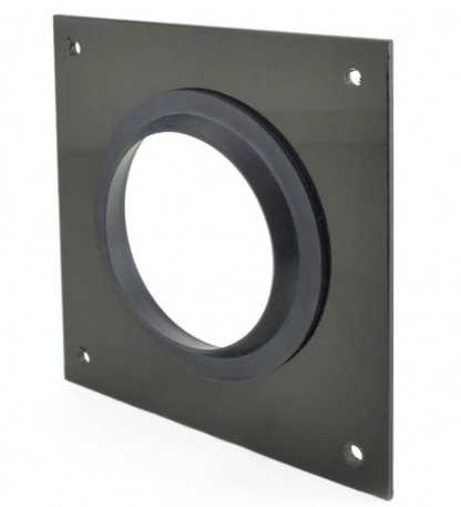 A square black metal mounting plate with a large circular cutout in the center and four pre-drilled corner holes, shown on a white background with two small inset detail views at the bottom.