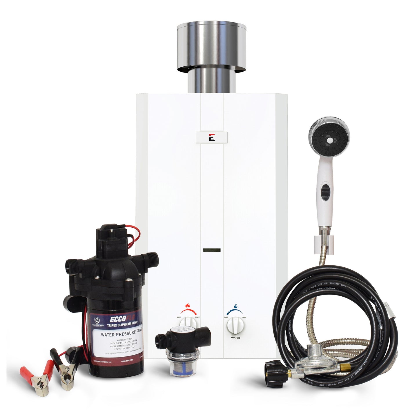 Eccotemp L10 Outdoor Portable Tankless Water Heater w/ EccoFlo Pump, Strainer & Shower set