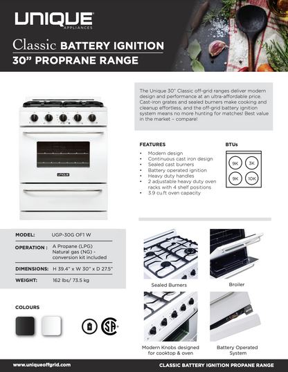 Unique Off-Grid 30” Propane Range (Battery Ignition)